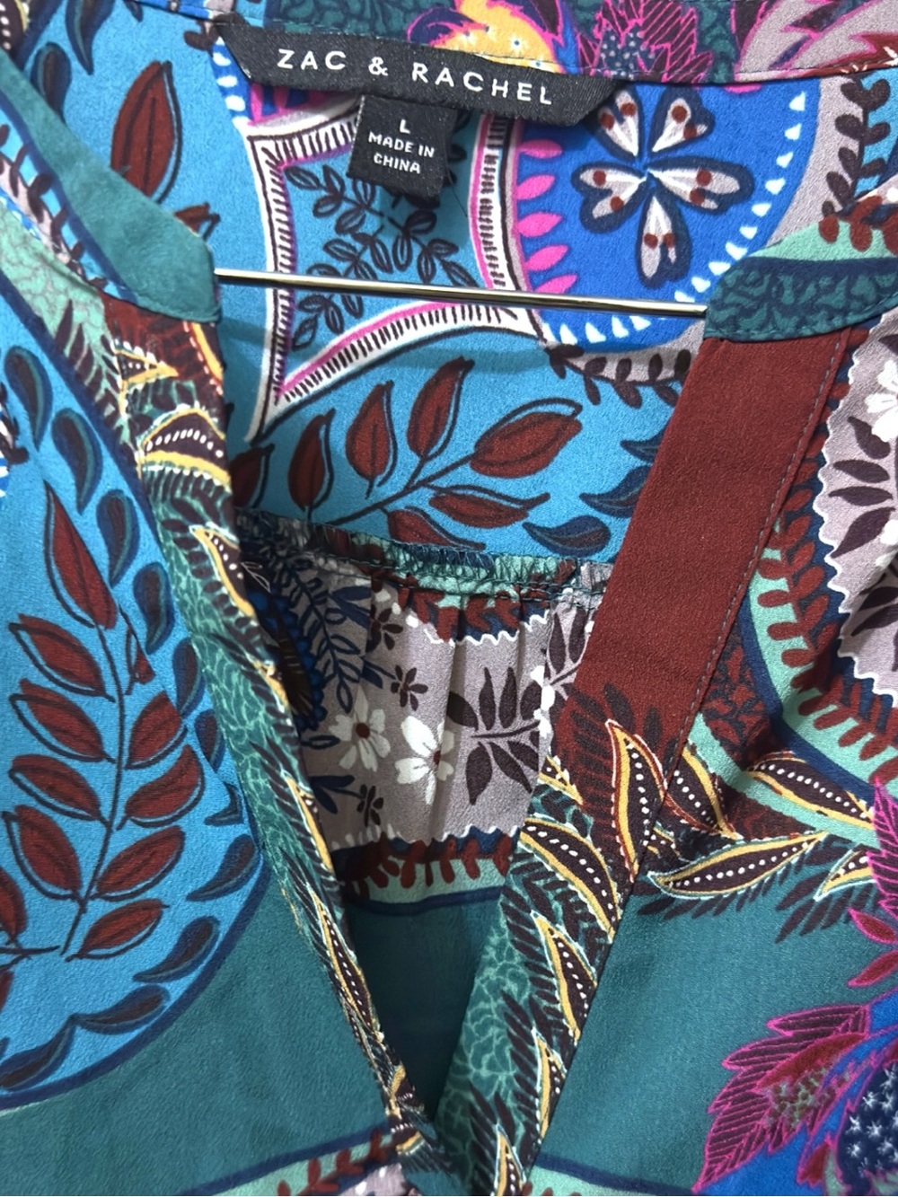 Zac & Rachel | NWOT Boho Teal Multi Paisley Split-Neck Blouse (size L) - Picture 11 of 15